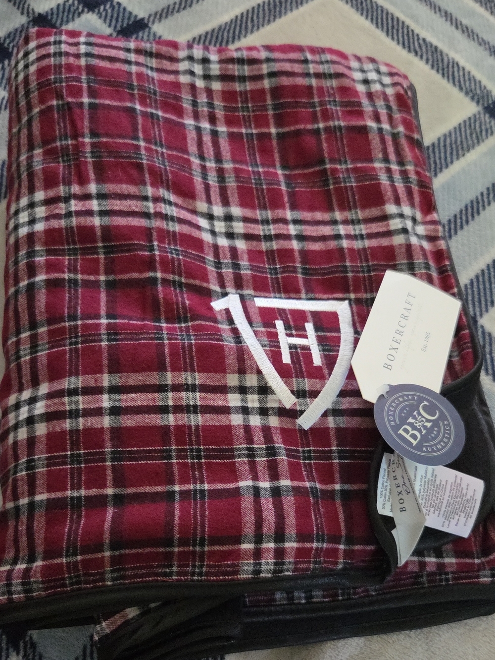 Harvard Boxercraft Burgundy Plaid Throw Blanket with White Embroidered H